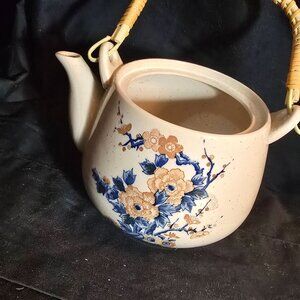 Vintage Ceramic Teapot With Floral Design & Wicker Handle
